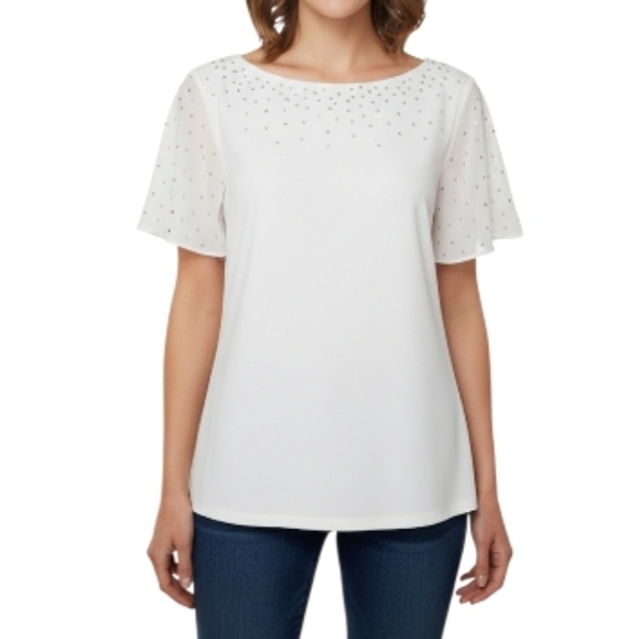 NY Collection Tops - SALE NWT NY Collection White Flutter Sleeve Top Silver & Gold Studded Accents M